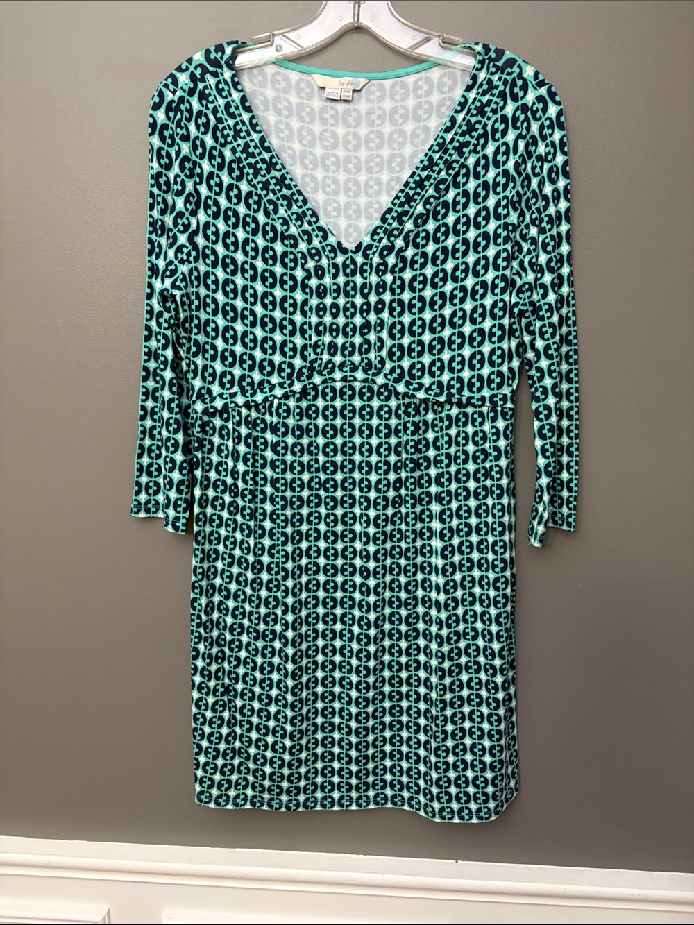 Boden Teal and Navy Geometric V-Neck Dress - Size 10
